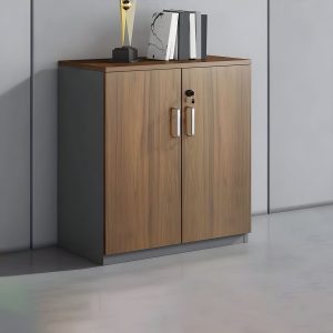 Wood frame filing cabinet with key lock doors