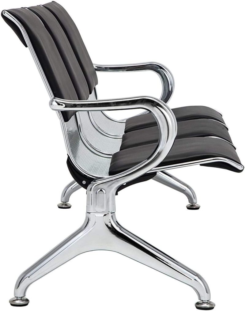 Black leather 3-seater waiting bench - Image 3
