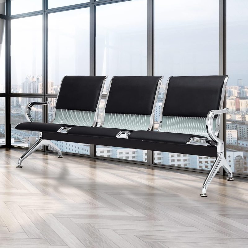 Black leather 3-seater waiting bench - Image 4