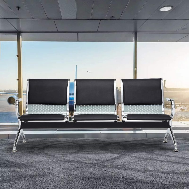 Black leather 3-seater waiting bench